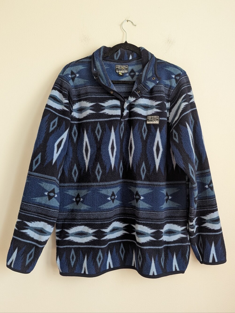 Vintage Y2K Mens Southwestern Blue Aztec Fleece Snap Button Pullover Outdoor
